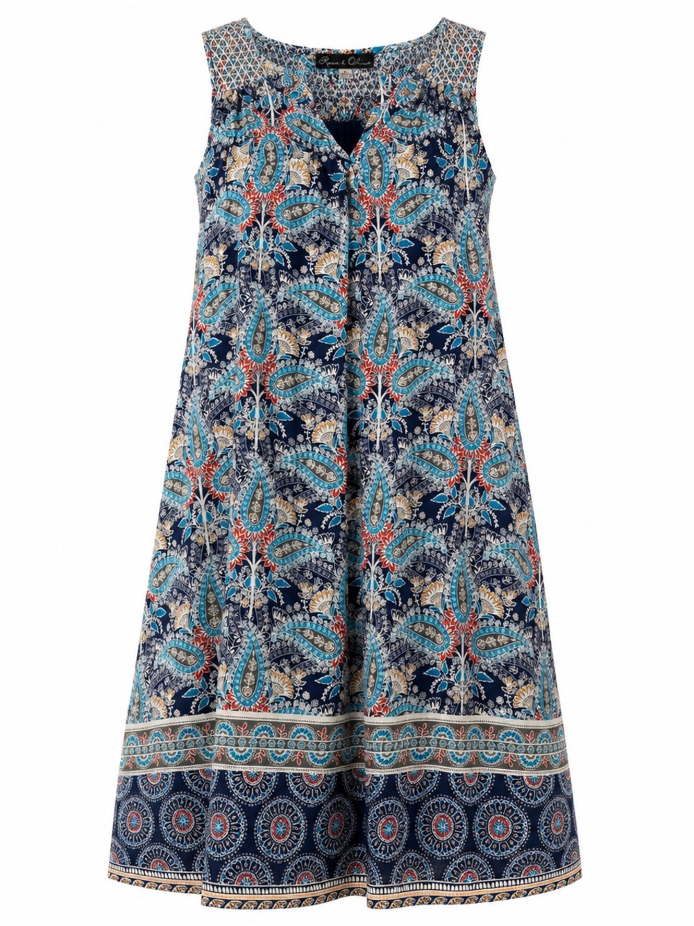 Rose & Olive Navy Paisley Midi Dress with Teal and Coral Accents